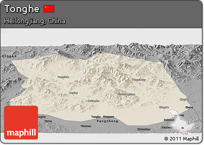 Shaded Relief Panoramic Map of Tonghe, darken, desaturated