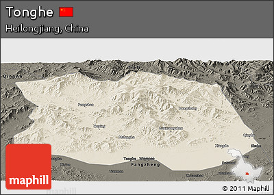 Shaded Relief Panoramic Map of Tonghe, darken