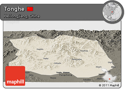 Shaded Relief Panoramic Map of Tonghe, darken