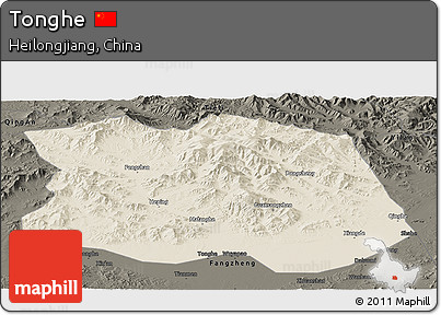 Shaded Relief Panoramic Map of Tonghe, darken