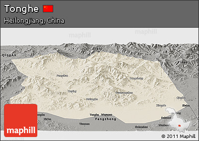 Shaded Relief Panoramic Map of Tonghe, darken, semi-desaturated