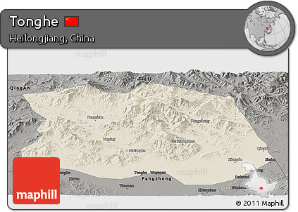 Shaded Relief Panoramic Map of Tonghe, darken, semi-desaturated