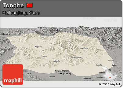 Shaded Relief Panoramic Map of Tonghe, darken, semi-desaturated