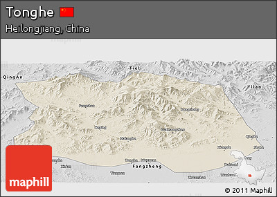 Shaded Relief Panoramic Map of Tonghe, desaturated
