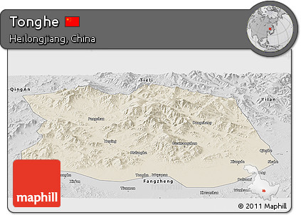 Shaded Relief Panoramic Map of Tonghe, desaturated