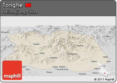 Shaded Relief Panoramic Map of Tonghe, desaturated
