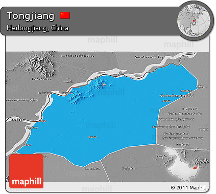 Political 3D Map of Tongjiang, desaturated