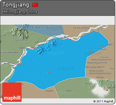 Political 3D Map of Tongjiang, semi-desaturated