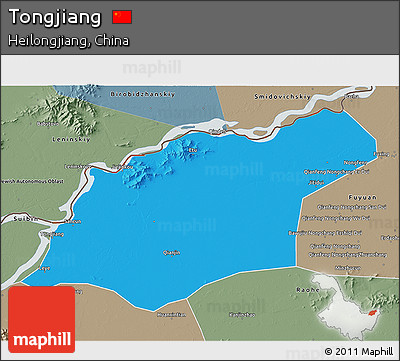 Political 3D Map of Tongjiang, semi-desaturated