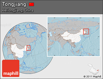 Gray Location Map of Tongjiang, highlighted country, within the entire country, hill shading