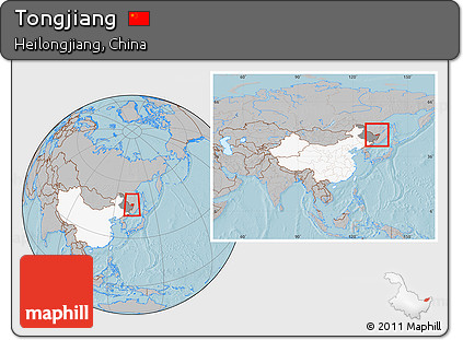 Gray Location Map of Tongjiang, highlighted country, highlighted parent region, within the entire country, hill shading