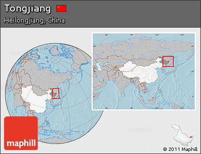 Gray Location Map of Tongjiang, highlighted country, highlighted parent region, within the entire country, hill shading