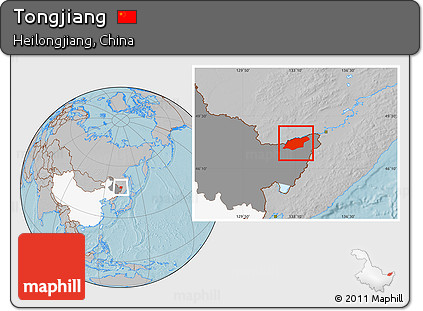 Gray Location Map of Tongjiang, highlighted country, highlighted parent region, hill shading