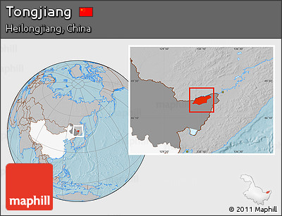 Gray Location Map of Tongjiang, highlighted country, highlighted parent region, hill shading