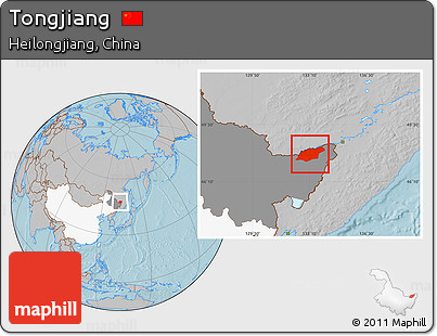 Gray Location Map of Tongjiang, highlighted country, highlighted parent region, hill shading