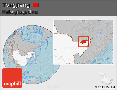 Gray Location Map of Tongjiang, highlighted country, hill shading