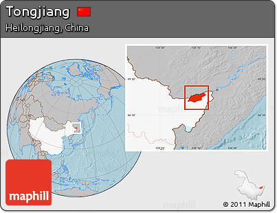 Gray Location Map of Tongjiang, highlighted country, hill shading