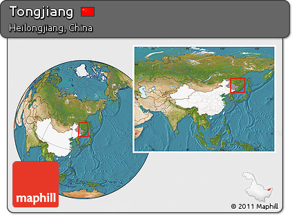 Satellite Location Map of Tongjiang, highlighted country, highlighted parent region, within the entire country