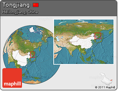 Satellite Location Map of Tongjiang, highlighted country, highlighted parent region, within the entire country