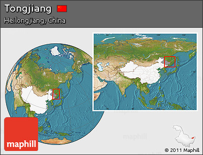 Satellite Location Map of Tongjiang, highlighted country, highlighted parent region, within the entire country