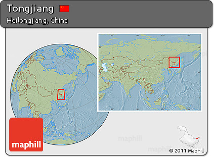 Savanna Style Location Map of Tongjiang, within the entire country, hill shading