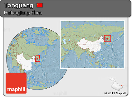 Savanna Style Location Map of Tongjiang, highlighted country, highlighted parent region, within the entire country, hill shading