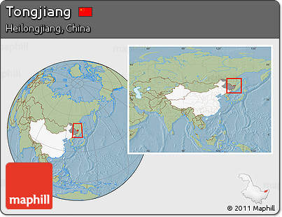 Savanna Style Location Map of Tongjiang, highlighted country, highlighted parent region, within the entire country, hill shading