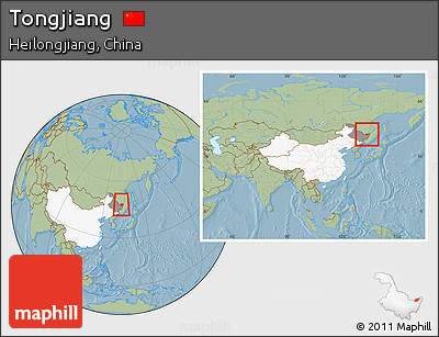 Savanna Style Location Map of Tongjiang, highlighted country, highlighted parent region, within the entire country, hill shading