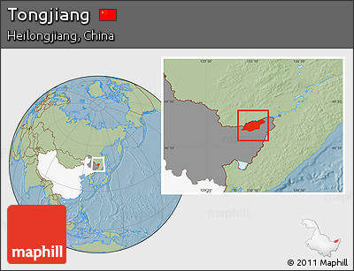 Savanna Style Location Map of Tongjiang, highlighted country, highlighted parent region, hill shading