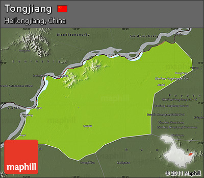 Physical Map of Tongjiang, darken, semi-desaturated
