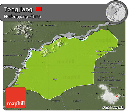 Physical Map of Tongjiang, darken, semi-desaturated