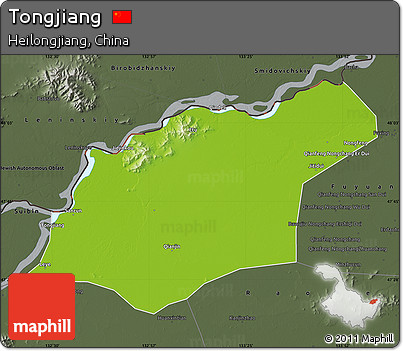 Physical Map of Tongjiang, darken, semi-desaturated