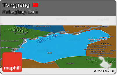 Political Panoramic Map of Tongjiang, darken