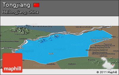 Political Panoramic Map of Tongjiang, darken, semi-desaturated