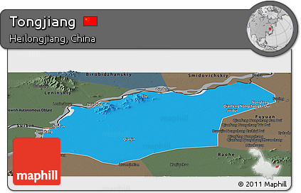 Political Panoramic Map of Tongjiang, darken, semi-desaturated