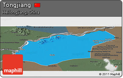 Political Panoramic Map of Tongjiang, darken, semi-desaturated