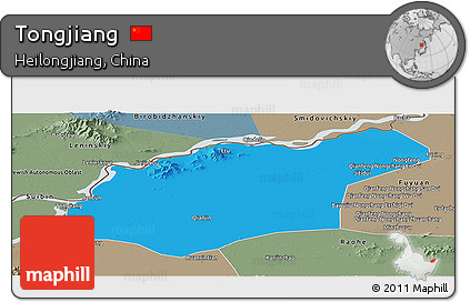 Political Panoramic Map of Tongjiang, semi-desaturated