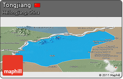 Political Panoramic Map of Tongjiang, semi-desaturated