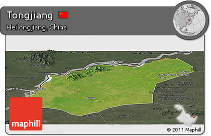 Satellite Panoramic Map of Tongjiang, darken, semi-desaturated