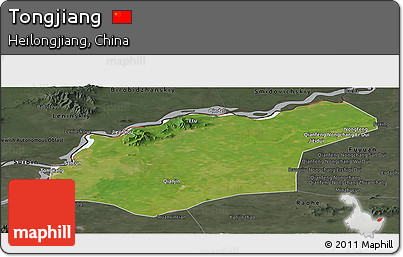 Satellite Panoramic Map of Tongjiang, darken, semi-desaturated