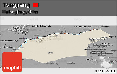 Shaded Relief Panoramic Map of Tongjiang, darken, desaturated