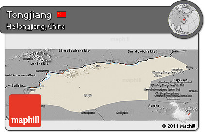 Shaded Relief Panoramic Map of Tongjiang, darken, desaturated
