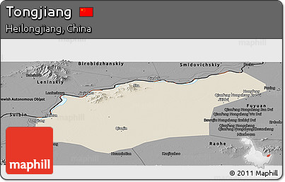 Shaded Relief Panoramic Map of Tongjiang, darken, desaturated