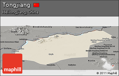 Shaded Relief Panoramic Map of Tongjiang, darken, semi-desaturated