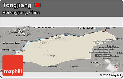 Shaded Relief Panoramic Map of Tongjiang, darken, semi-desaturated