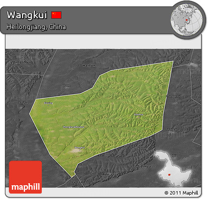 Satellite 3D Map of Wangkui, darken, desaturated
