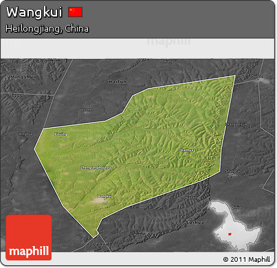 Satellite 3D Map of Wangkui, darken, desaturated