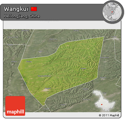 Satellite 3D Map of Wangkui, semi-desaturated