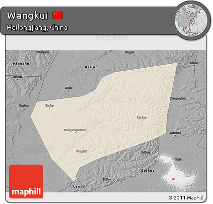 Shaded Relief 3D Map of Wangkui, darken, desaturated