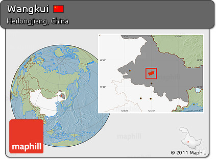 Savanna Style Location Map of Wangkui, highlighted country, highlighted parent region, hill shading